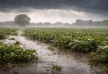 El clima cambia y golpea con hasta 200 mm: campos anegados y cosecha en riesgo en 6 provincias Lluvias intensas sobre un campo de la zona núcleo con cultivos anegados, cielo oscuro y agua acumulada tras tormentas fuertes.