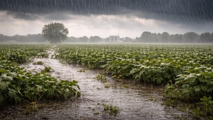 Lluvias intensas sobre un campo de la zona núcleo con cultivos anegados, cielo oscuro y agua acumulada tras tormentas fuertes.