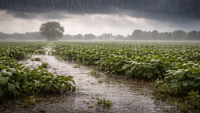 Lluvias intensas sobre un campo de la zona núcleo con cultivos anegados, cielo oscuro y agua acumulada tras tormentas fuertes.