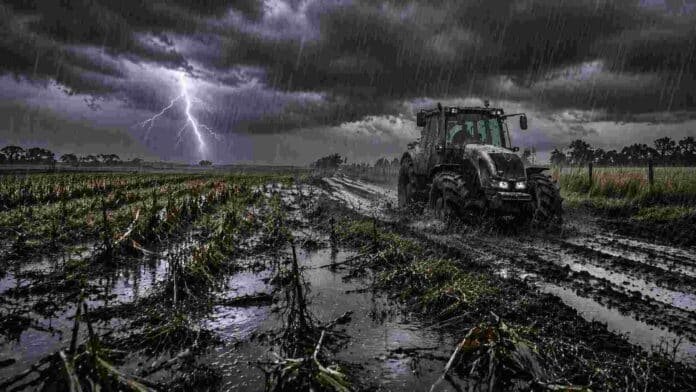 Campo agrícola en Buenos Aires bajo lluvias intensas, con suelo anegado y barro, un tractor circulando por camino rural deteriorado y un relámpago en el cielo, reflejando el impacto climático en el agro.