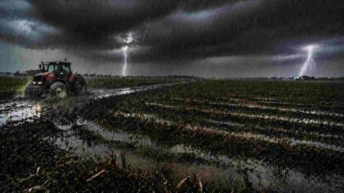 Campo agrícola de la Pampa húmeda con surcos horizontales bajo lluvias intensas, suelo anegado y barro, un tractor circulando por camino rural y relámpagos en el cielo, mostrando el impacto del clima en el agro.