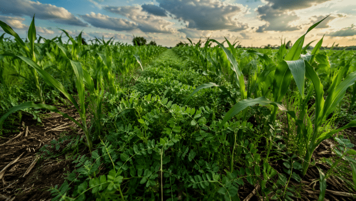 Cultivo de maíz en desarrollo con cobertura vegetal de vicia en campo argentino, mostrando manejo sustentable del nitrógeno en la Pampa húmeda