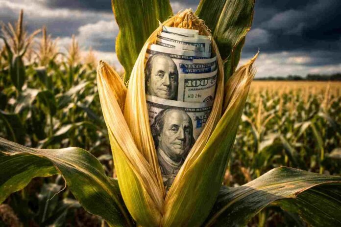 Espiga de maíz abierta con billetes de 100 dólares destacando el récord de exportaciones del agro argentino
