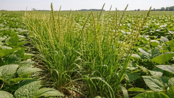 malezas-raigras-resistente-lote-soja-argentina-ruralnet Malezas de raigrás creciendo dentro de un lote de soja en Argentina, ejemplo de resistencia a herbicidas y problema en el control agrícola.