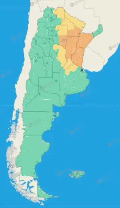 Mapa de Argentina con alertas meteorológicas por tormentas fuertes y lluvias intensas con acumulados de hasta 120 mm según el SMN