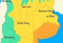 Viento de hasta 100 km/h y lluvias de 60 mm frenan los trabajos a campo en 8 provincias Mapa de alerta meteorológica en Argentina con zonas afectadas por viento fuerte y lluvias intensas, destacando Buenos Aires, La Pampa y regiones productivas del centro del país