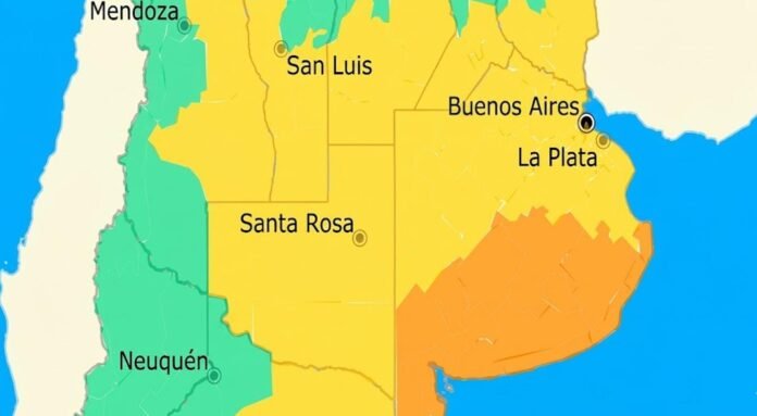 Mapa de alerta meteorológica en Argentina con zonas afectadas por viento fuerte y lluvias intensas, destacando Buenos Aires, La Pampa y regiones productivas del centro del país