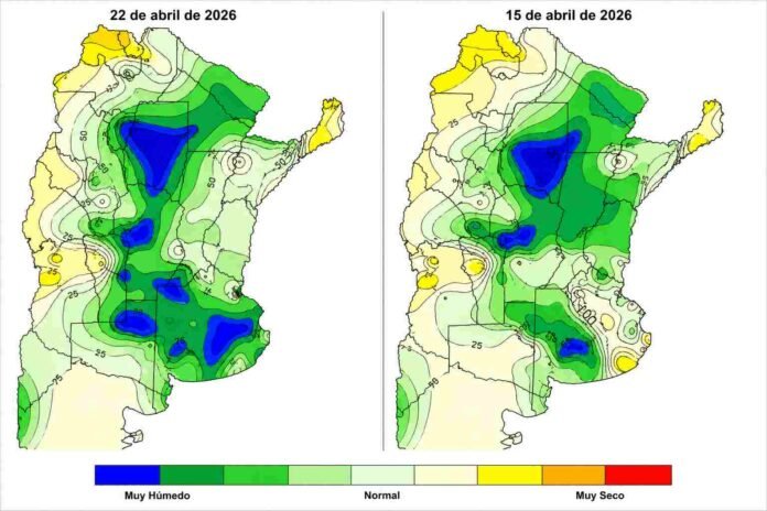 Mapa comparativo de humedad del suelo en Argentina con escala de muy húmedo a muy seco durante abril 2026