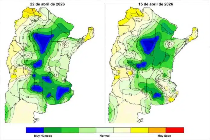 Mapa comparativo de humedad del suelo en Argentina con escala de muy húmedo a muy seco durante abril 2026