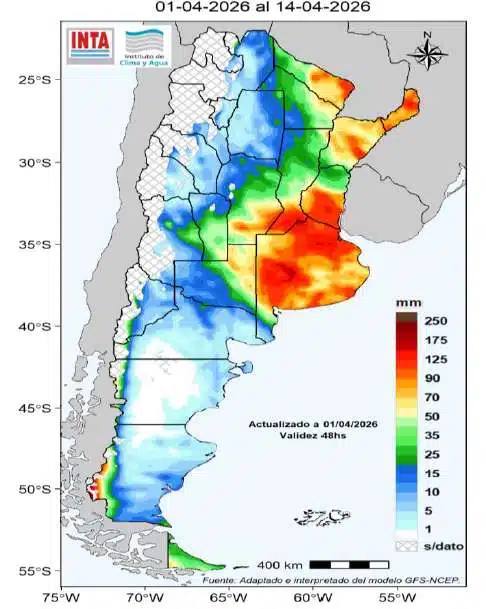Mapa de precipitaciones acumuladas en Argentina a 14 días con mayores lluvias en el centro-este y sur de la región Pampeana, mostrando zonas con riesgo de excesos hídricos y áreas con menor aporte de agua.