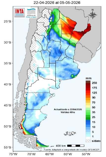 Mapa de precipitaciones acumuladas en Argentina a 14 días con mayores lluvias en el NEA y norte del Litoral según pronóstico climático