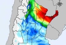 Pronóstico de lluvias hasta el 4 de mayo Mapa de lluvias en Argentina con distribución de intensidades y acumulados en distintas regiones para el pronóstico agropecuario