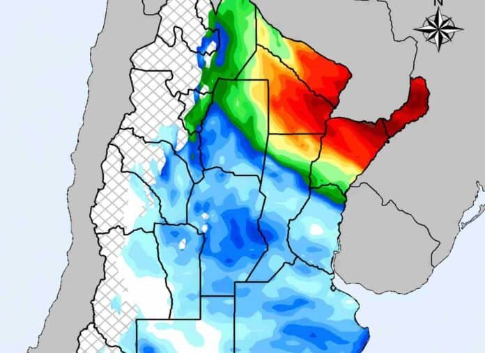 Mapa de lluvias en Argentina con distribución de intensidades y acumulados en distintas regiones para el pronóstico agropecuario