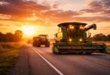 Fuerte cambio productivo: proponen eliminar permisos para maquinaria y patentamientos suben 21,4% Maquinaria agrícola circulando por una ruta rural al atardecer con luz cálida y equipos en traslado entre campos en Argentina