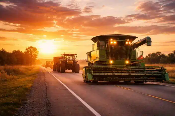 Maquinaria agrícola circulando por una ruta rural al atardecer con luz cálida y equipos en traslado entre campos en Argentina