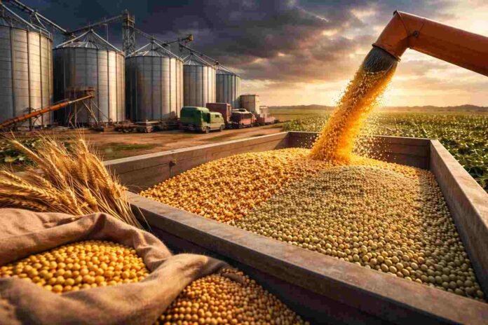 Carga de maíz y soja en el mercado de granos de Rosario con subas en el maíz tras el informe WASDE y actividad comercial dinámica