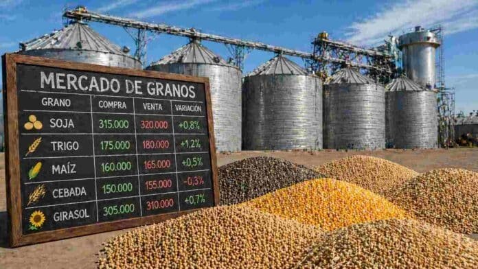 Pizarra de mercado de granos con soja, maíz, trigo, cebada y girasol frente a silos de almacenamiento en Argentina