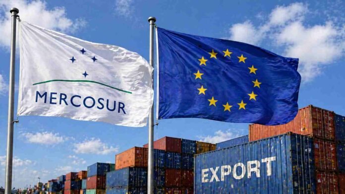 Banderas del Mercosur y la Unión Europea frente a contenedores de exportación en puerto internacional