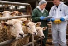 Se detecta por primera vez scrapie en el país: SENASA activa controles y restringe movimientos en 2 provincias Ovinos en control sanitario con veterinarios inspeccionando animales en establecimiento rural ante detección de scrapie en Argentina.