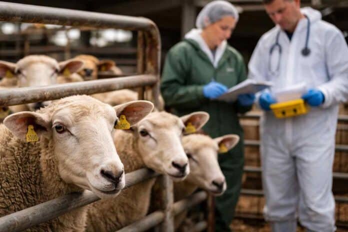ovinos-control-sanitario-senasa-scrapie-argentina-ruralnet Ovinos en control sanitario con veterinarios inspeccionando animales en establecimiento rural ante detección de scrapie en Argentina.