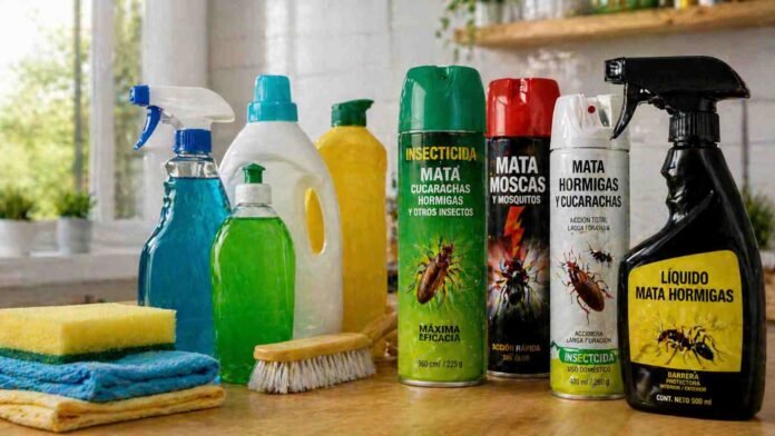 Productos de limpieza e insecticidas domésticos sobre mesada de cocina en ambiente hogareño