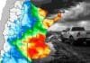 Pronóstico de lluvias hasta el 13 de abril Mapa de acumulados de lluvias en Argentina hasta el 13 de abril con zonas de mayores precipitaciones en el centro-este, acompañado por imagen de tormenta en camino rural que refleja condiciones climáticas adversas para el agro.