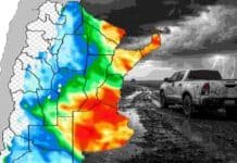 Pronóstico de lluvias hasta el 13 de abril Mapa de acumulados de lluvias en Argentina hasta el 13 de abril con zonas de mayores precipitaciones en el centro-este, acompañado por imagen de tormenta en camino rural que refleja condiciones climáticas adversas para el agro.