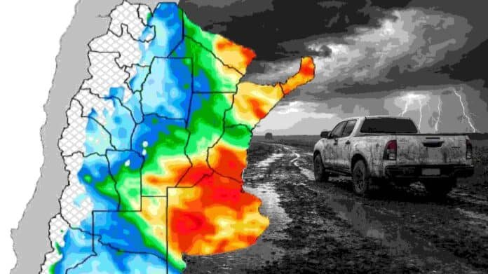 Mapa de acumulados de lluvias en Argentina hasta el 13 de abril con zonas de mayores precipitaciones en el centro-este, acompañado por imagen de tormenta en camino rural que refleja condiciones climáticas adversas para el agro.