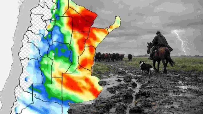 Mapa de precipitaciones en Argentina hasta el 27 de abril con zonas de mayores lluvias y, en primer plano, campo anegado con ganado y arriero bajo cielo de tormenta, reflejando el impacto en la actividad agropecuaria.