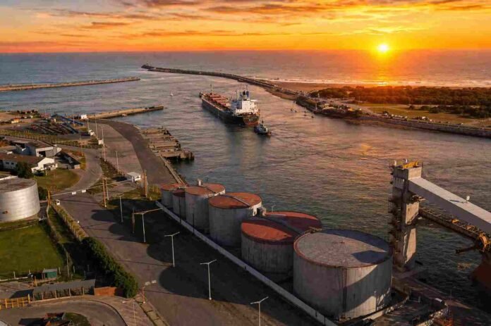 Puerto agroexportador argentino al amanecer con buque ingresando y silos junto al canal de navegación