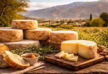 Histórico: Argentina logra su primer queso con sello de origen y abre una nueva puerta para exportar alimentos premium Quesos artesanales en una mesa de madera con paisaje de Tafí del Valle al fondo, representando la producción regional con identidad territorial en Argentina