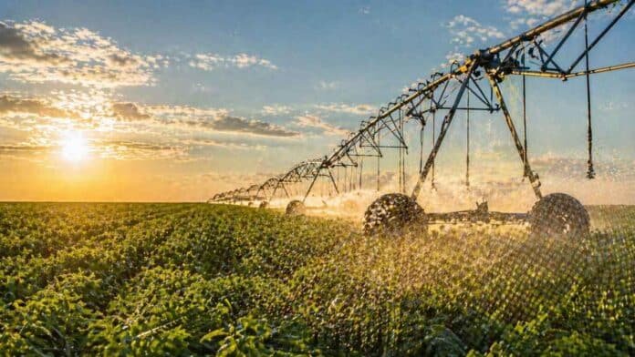 Sistema de riego por pivote central funcionando sobre cultivo agrícola al atardecer con alta eficiencia hídrica