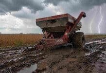 Dos alertas en simultáneo: lluvias de hasta 80 mm en el NEA y viento fuerte en la Patagonia Tolva agrícola encajada en el barro durante lluvia intensa en un lote de soja en la zona núcleo con tormenta y relámpagos