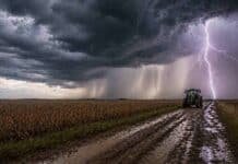 Las lluvias vuelven a meter presión: temperaturas de 4°C y ráfagas condicionan al campo hasta el viernes Tractor avanzando por un camino rural embarrado bajo una tormenta con lluvia intensa y un relámpago fuerte en el horizonte, reflejando condiciones climáticas adversas en el campo argentino.