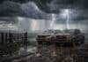 Alerta meteorológica: hasta 120 mm, granizo y tormentas severas ponen en riesgo al agro en 10 provincias Tormenta severa con relámpagos, granizo y lluvias intensas en un campo argentino, con camionetas embarradas junto a una tranquera rural