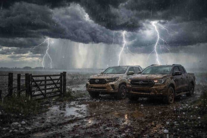 Tormenta severa con relámpagos, granizo y lluvias intensas en un campo argentino, con camionetas embarradas junto a una tranquera rural