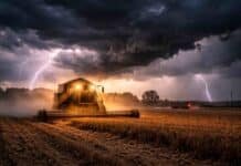 Se activa mañana un frente crítico: hasta 80 mm y ráfagas de 90 km/h complican al agro en 5 provincias Tormenta fuerte con relámpagos y ráfagas de viento sobre campo en cosecha al anochecer, maquinaria trabajando bajo condiciones climáticas adversas en zona productiva argentina.