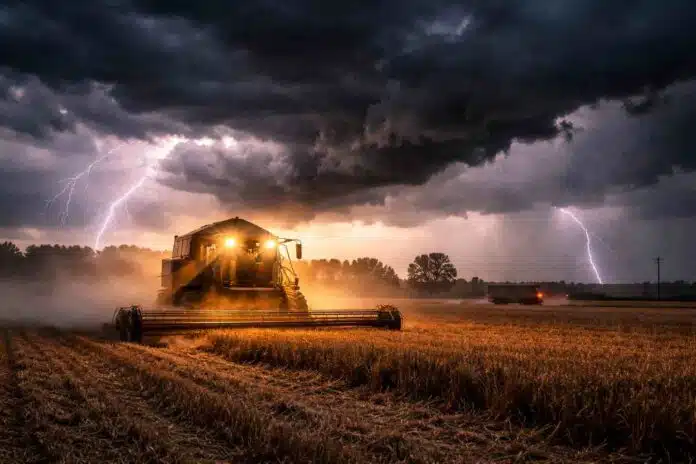 Tormenta fuerte con relámpagos y ráfagas de viento sobre campo en cosecha al anochecer, maquinaria trabajando bajo condiciones climáticas adversas en zona productiva argentina.