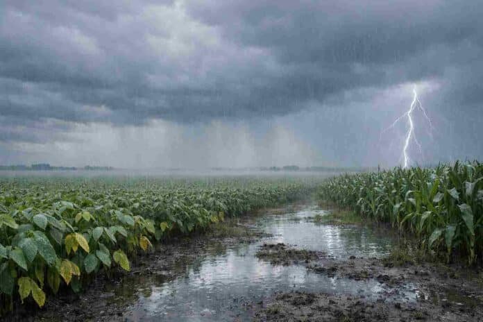 tormenta-campo-pampa-humeda-lluvia-soja-maiz-relampago-ruralnet Tormenta con lluvias intensas sobre un campo agrícola de la Pampa húmeda con cultivos de soja y maíz, suelo encharcado y relámpago bajo cielo oscuro.