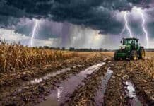 El clima cambia y complica al agro: inestabilidad creciente y tormentas aisladas entre el 11 y el 13 de abril Tormenta con relámpagos sobre campo embarrado y tractor detenido en plena cosecha por condiciones climáticas adversas
