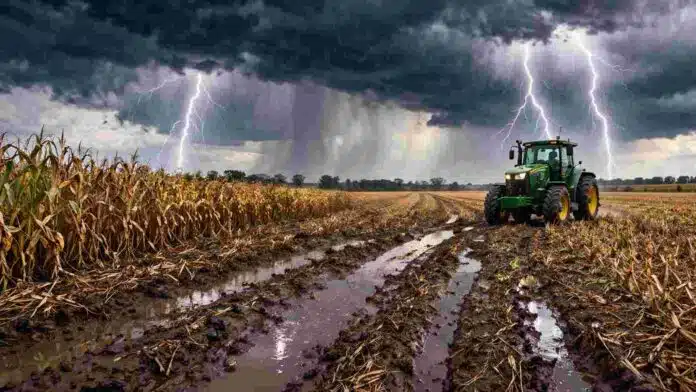 Tormenta con relámpagos sobre campo embarrado y tractor detenido en plena cosecha por condiciones climáticas adversas