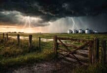 Hasta 60 mm y viento de 70 km/h: el clima vuelve a poner presión sobre el campo Tormenta fuerte sobre un campo agrícola con tranquera en primer plano y silos al fondo, con lluvias intensas y relámpagos afectando la zona productiva.