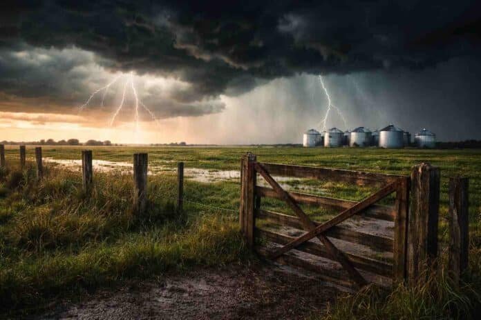 tormenta-campo-tranquera-silos-lluvia-intensa-ruralnet Tormenta fuerte sobre un campo agrícola con tranquera en primer plano y silos al fondo, con lluvias intensas y relámpagos afectando la zona productiva.