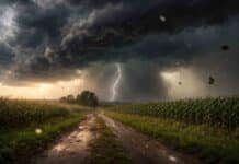 Lluvias intensas, granizo y viento fuerte impactan en 7 provincias con hasta 70 mm y ráfagas de 90 km/h Tormenta fuerte con lluvia intensa, relámpagos y ráfagas de viento avanzando sobre un camino rural y cultivo en la Pampa húmeda argentina