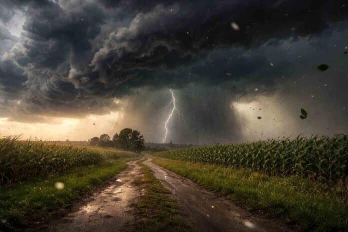 Tormenta fuerte con lluvia intensa, relámpagos y ráfagas de viento avanzando sobre un camino rural y cultivo en la Pampa húmeda argentina