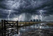Hasta 120 mm y tormentas severas: alertan por lluvias intensas y riesgo de granizo en zonas productivas Tormenta intensa con lluvias torrenciales y relámpagos sobre campo argentino con tranquera, barro y silos bajo cielo oscuro