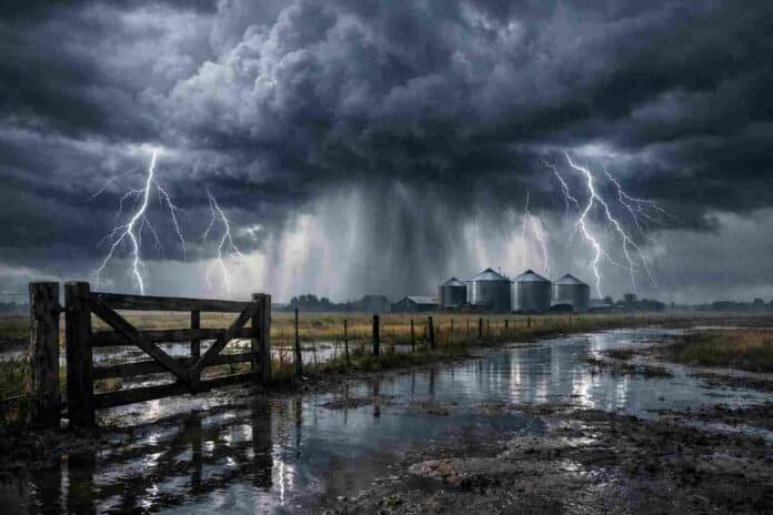Tormenta intensa con lluvias torrenciales y relámpagos sobre campo argentino con tranquera, barro y silos bajo cielo oscuro