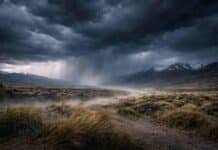Lluvias de hasta 25 mm y ráfagas de 100 km/h ponen en alerta zonas clave en la Patagonia Tormenta intensa en la Patagonia con lluvias y fuertes ráfagas de viento sobre la estepa, con cordillera al fondo y cielo oscuro cubierto.