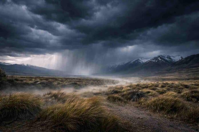 tormenta-patagonia-viento-lluvia-estepa-cordillera-ruralnet Tormenta intensa en la Patagonia con lluvias y fuertes ráfagas de viento sobre la estepa, con cordillera al fondo y cielo oscuro cubierto.