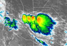 Cuatro avisos por tormentas fuertes: hasta 70 mm, ráfagas y granizo en zonas productivas Imagen satelital de tormenta intensa sobre el centro de Argentina con núcleos activos de alta intensidad y desarrollo convectivo visible